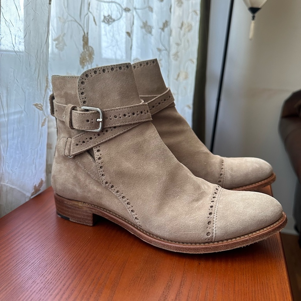 The Office of Angela Scott Suede Buckled Booties